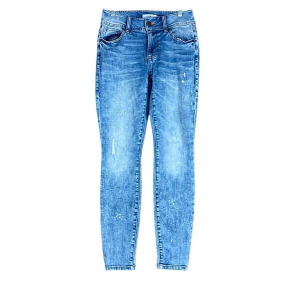 CAbi Womens Jeans Blue Denim Cinch Mid Rise Bleach Splatter Skinny Stretch 4 - Picture 1 of 11